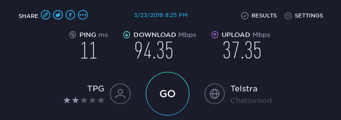 speedtest result: 94.35 Mbps down, 37.35 Mbps up