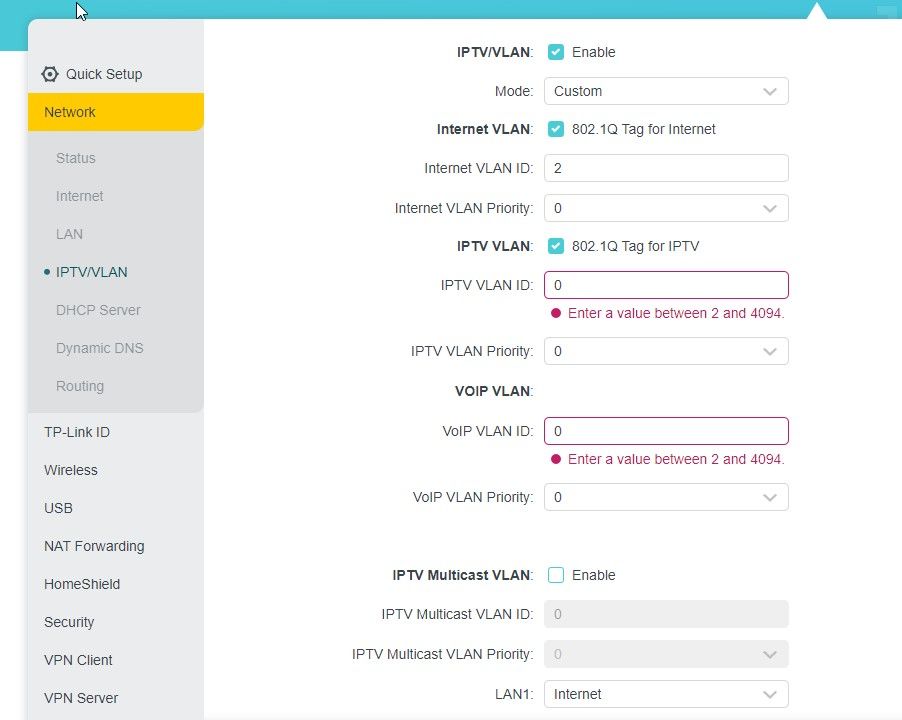 i have set the internet vlan id here to 2, but not sure what to change voip id and iptv vlan id too?