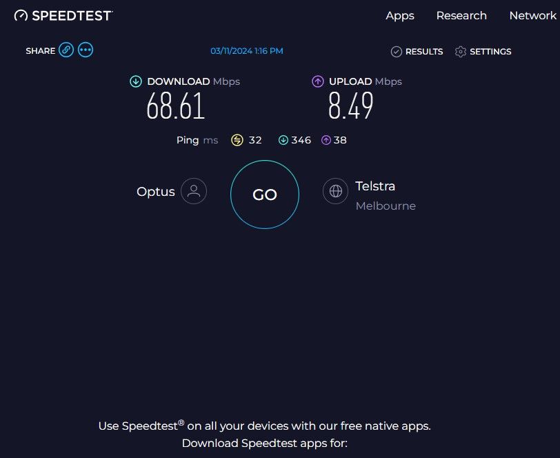 Mobile hotspot speed, on a weekday at 1pm