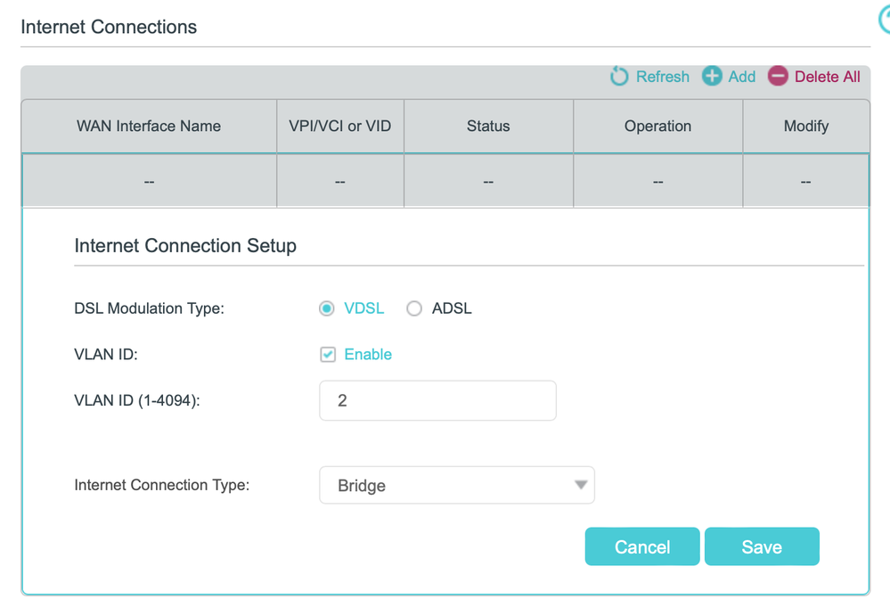 3.) Add a new connection - selecting VLAN ID=2 and Type=Bridge